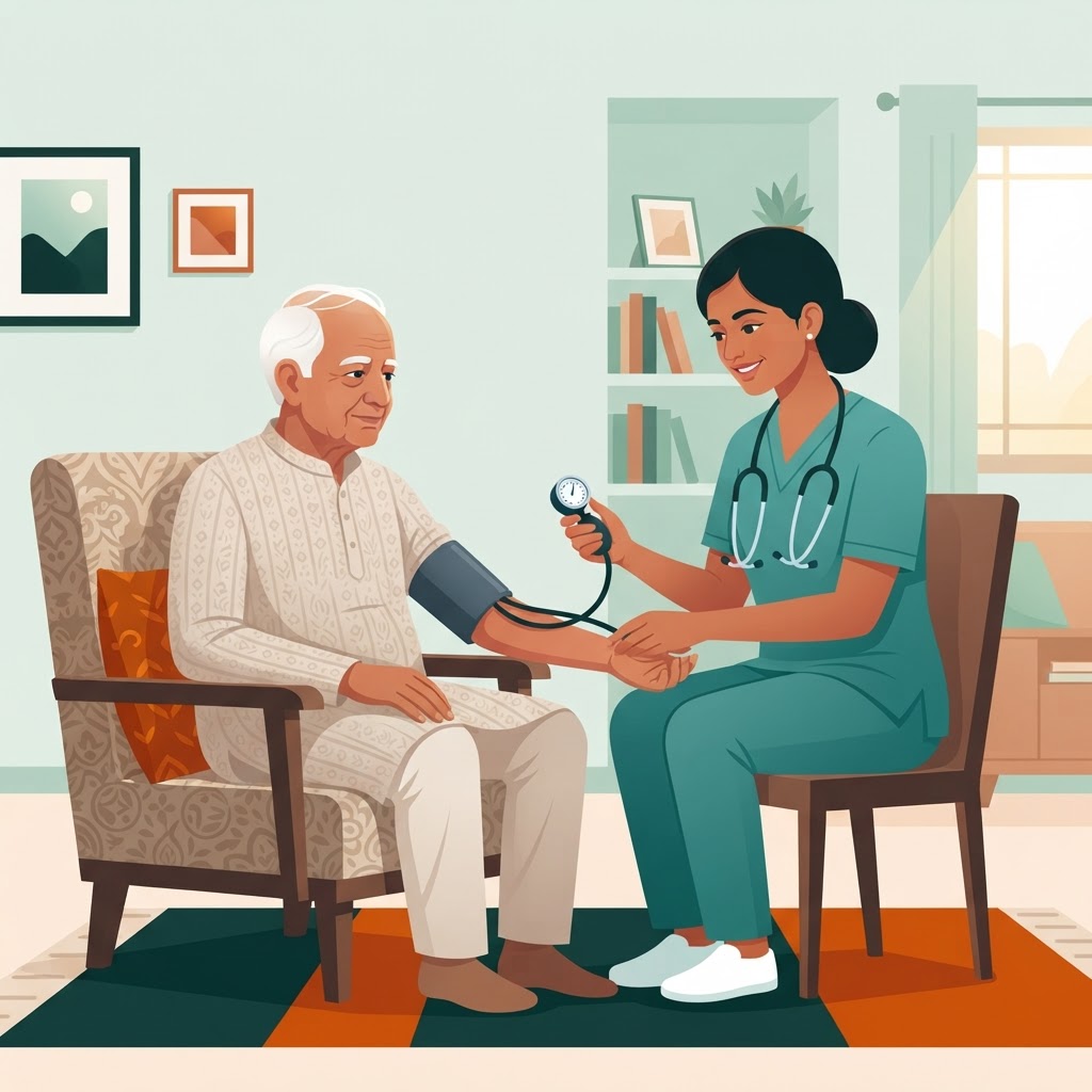 QuickNurse professional nurse checking blood pressure of elderly patient at home