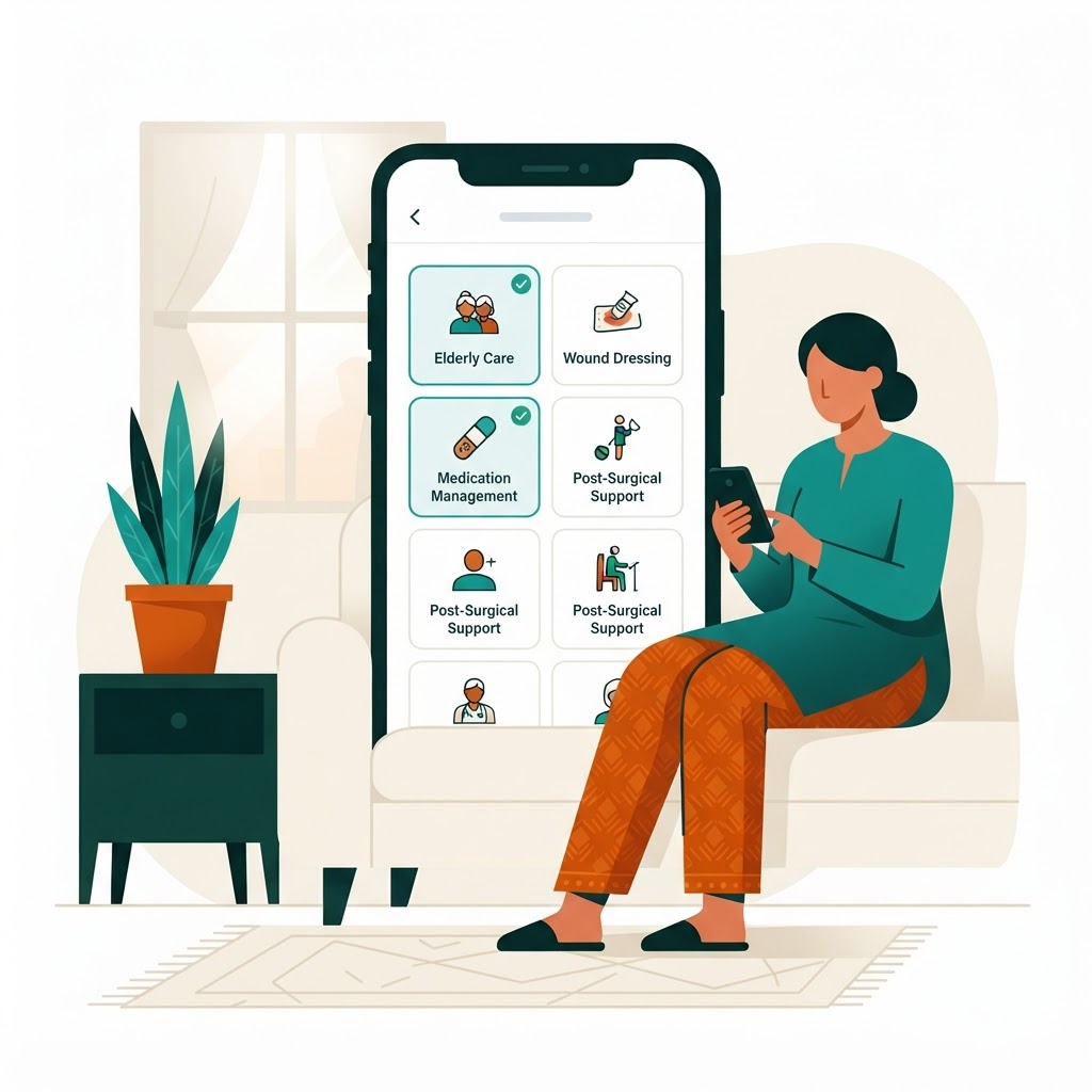 Person requesting home care service on mobile app