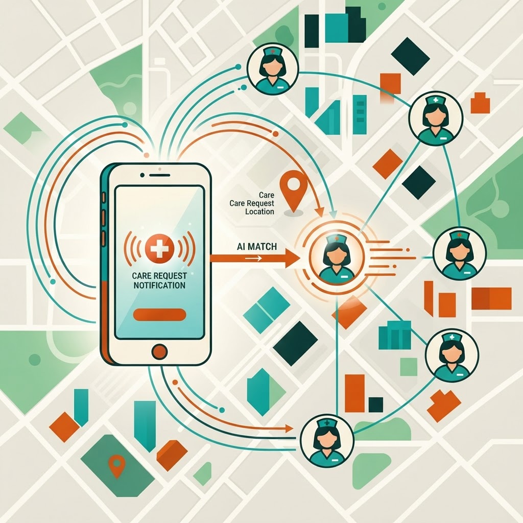 Instant AI matching broadcast to verified nurses on map