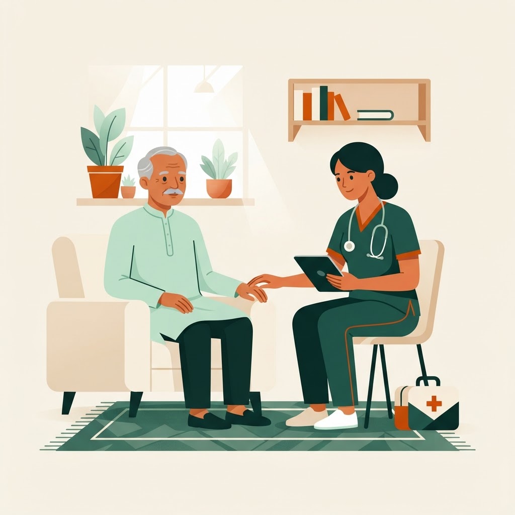 Doctor consulting patient with stethoscope and medical chart at home
