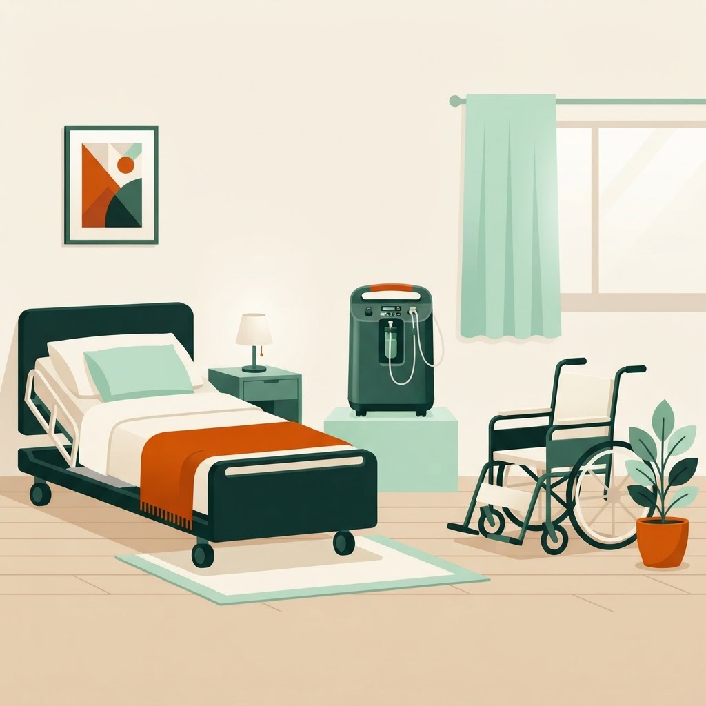 Hospital bed, oxygen concentrator, wheelchair home setup