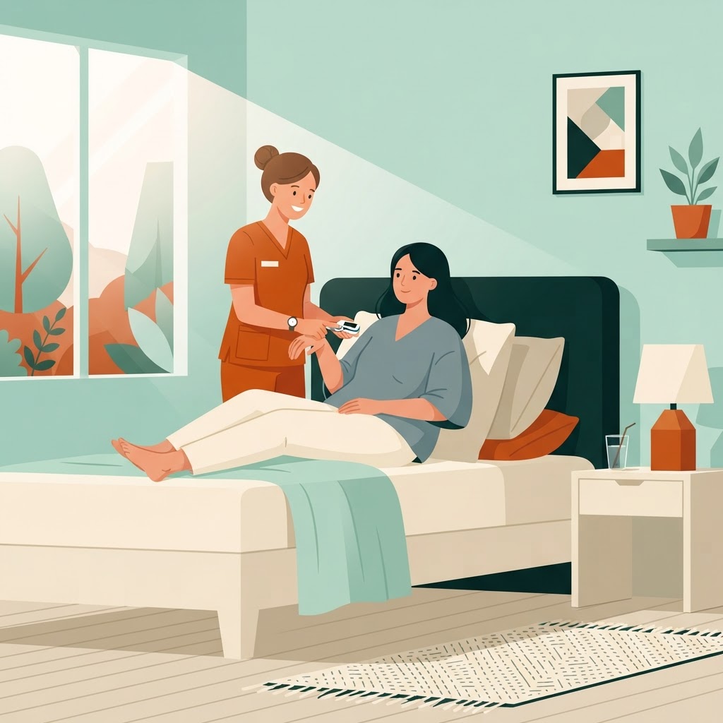 Patient recovering at home with post-operative nurse checking recovery vitals