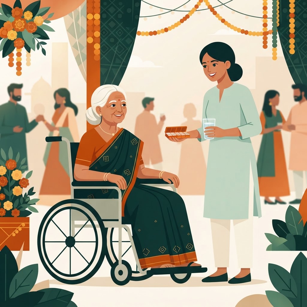 Caregiver with an elderly grandmother at a festive family wedding