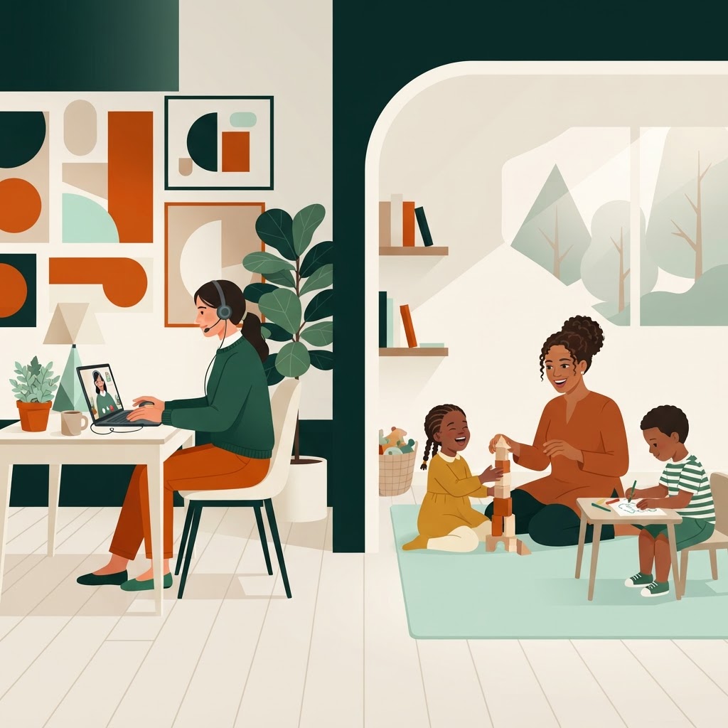 Parent working on laptop while a trained caregiver assists children in next room