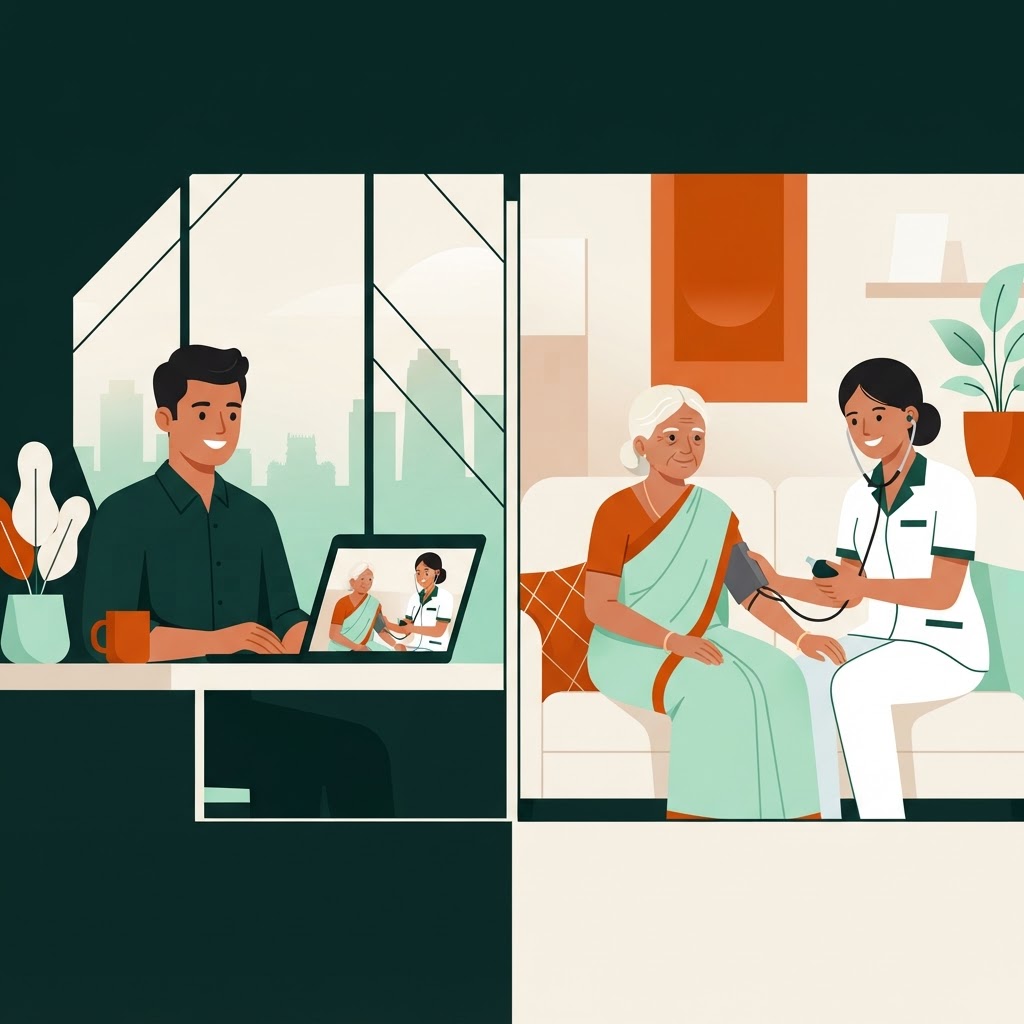 Remote son on video call with home nurse checking mother vitals