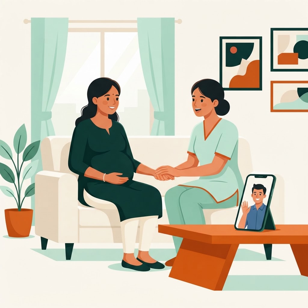 Pregnant mother supported at home by trained nurse while video calling husband